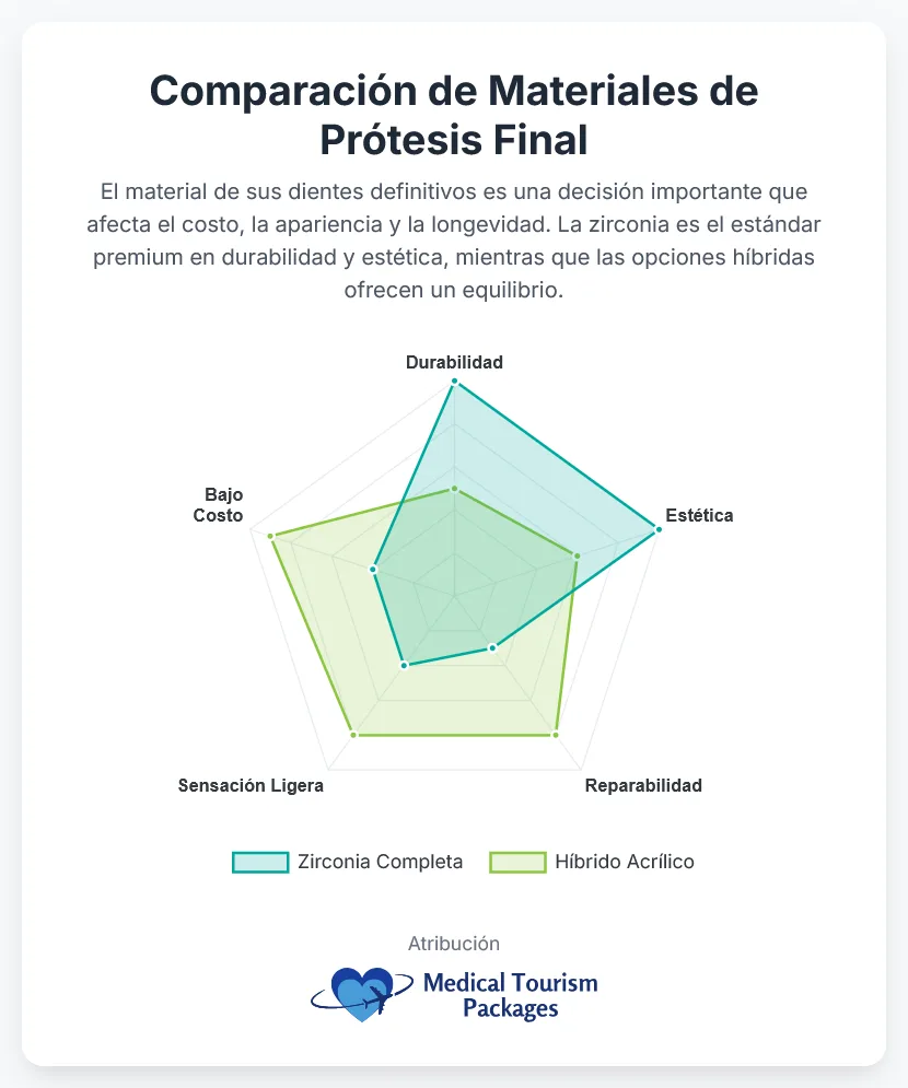 Gráfico de radar en el que se comparan las prótesis dentales híbridas de zirconia y acrílico para implantes dentales All-on-4 en cuanto a durabilidad, estética, reparabilidad, sensación de ligereza y coste; la zirconia obtiene una puntuación más alta en la mayoría de las categorías.