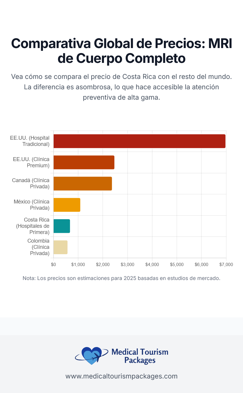 Gráfico de barras que compara los costes estimados en 2025 de una resonancia magnética de cuerpo entero en seis países, destacando las ventajas de la detección precoz. Muestra los precios más altos en EE.UU. y los más bajos en Colombia; Costa Rica y la marca de paquetes de turismo médico incluidos.