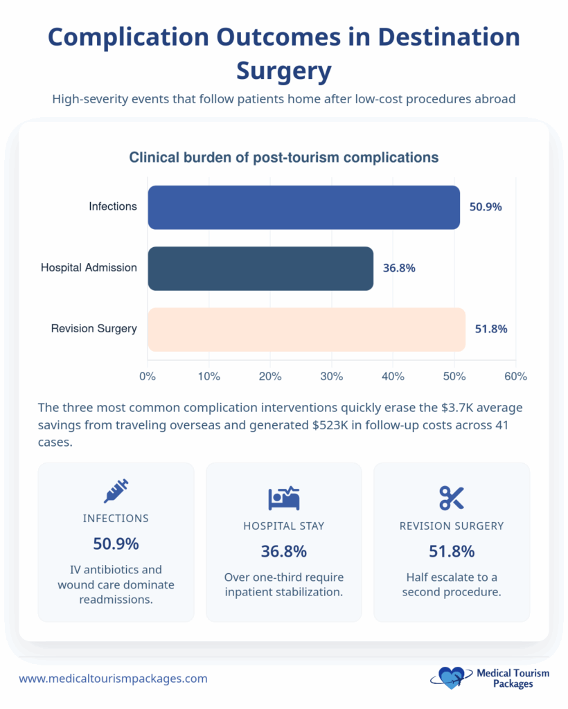 Gráfico de barras que muestra las tasas de complicaciones postoperatorias del turismo médico, incluido el aumento mamario en México: infecciones 50,9%, ingreso hospitalario 36,8% y cirugía de revisión 51,8%, con detalles resumidos a continuación que destacan la seguridad del aumento mamario.