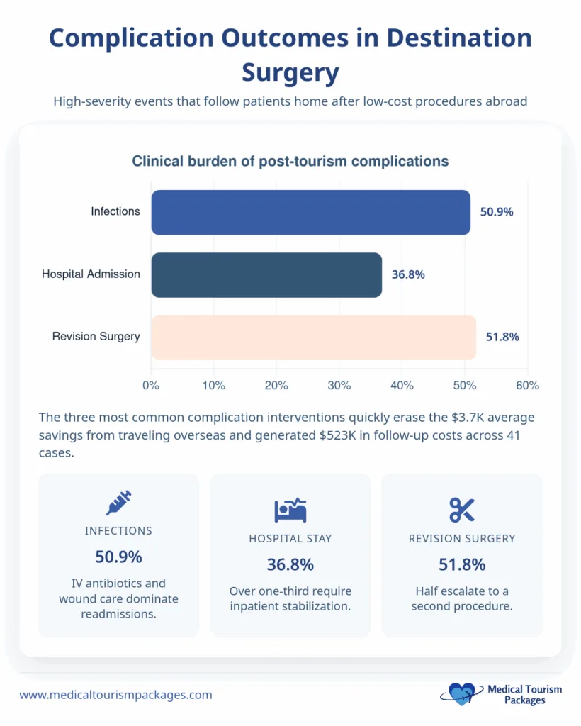 Bar chart showing rates of post-surgery complications from medical tourism, including breast augmentation Mexico: infections 50.9%, hospital admission 36.8%, and revision surgery 51.8%, with summary details below highlighting breast augmentation safety.