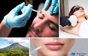 A collage featuring Non-Surgical Aesthetic Procedures like injections and laser treatment, a stunning Costa Rica mountain landscape, and the Medical Tourism Packages logo—highlighting affordable beauty treatments in paradise.