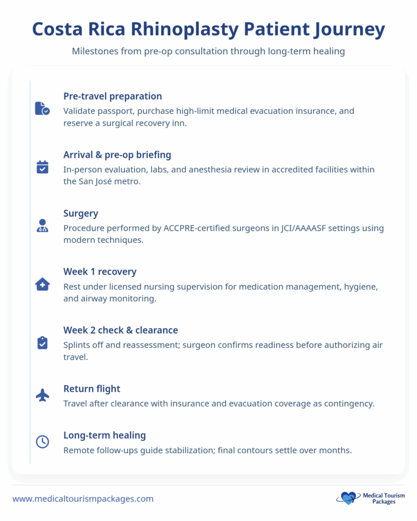 Infographic outlining the Rhinoplasty Costa Rica patient journey, from pre-travel preparation and consultation with rhinoplasty surgeons, through surgery, recovery, follow-up checks, return flight, and long-term healing.