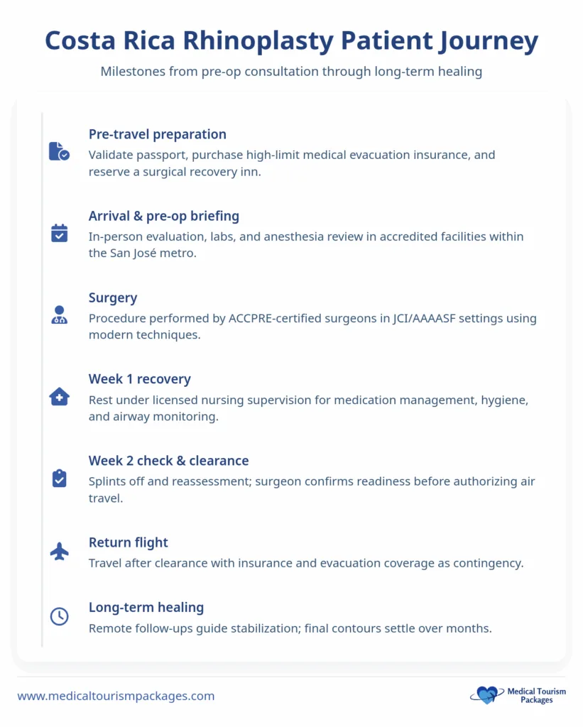 Infographic outlining the Rhinoplasty Costa Rica patient journey, from pre-travel preparation and consultation with rhinoplasty surgeons, through surgery, recovery, follow-up checks, return flight, and long-term healing.