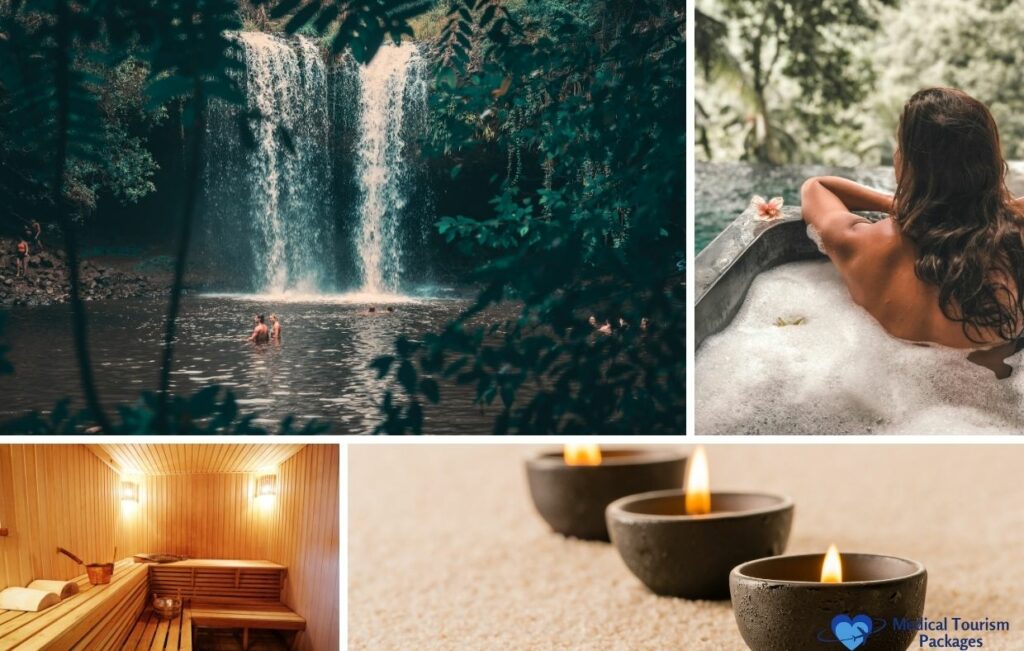 Un collage que muestra una cascada, una mujer en un baño de burbujas, una sala de sauna de madera y tres velas encendidas sobre la arena, capturando la esencia de los retiros de bienestar de Costa Rica, un paraíso ideal de recuperación para los viajeros por motivos médicos.