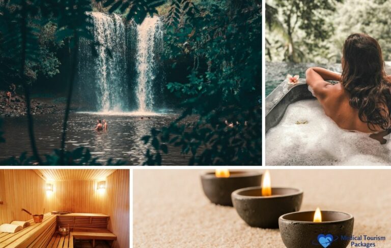A collage showing a waterfall, a woman in a bubble bath, a wooden sauna room, and three lit candles on sand—capturing the essence of Costa Rica wellness retreats, an ideal recovery paradise for medical travelers.