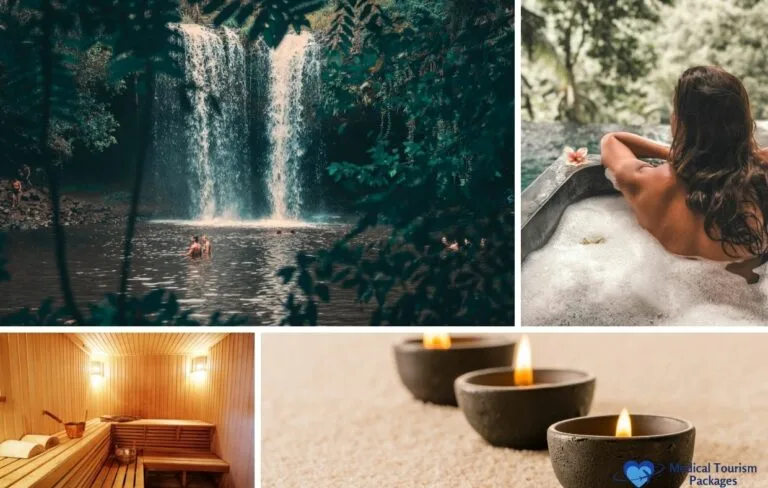 Un collage que muestra una cascada, una mujer en un baño de burbujas, una sala de sauna de madera y tres velas encendidas sobre la arena, capturando la esencia de los retiros de bienestar de Costa Rica, un paraíso ideal de recuperación para los viajeros por motivos médicos.