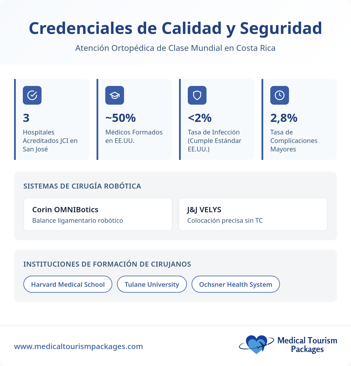 Infografía que destaca las credenciales de calidad y seguridad de la atención ortopédica en Costa Rica, incluyendo estadísticas de cirugía de reemplazo de rodilla, tasas de infección y complicaciones, sistemas quirúrgicos avanzados e instituciones de formación de cirujanos.