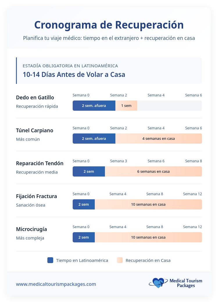 Una tabla compara los plazos y los costos de recuperación de la cirugía de mano, mostrando la duración de la estancia en Latinoamérica y las semanas de recuperación en casa para cinco procedimientos: dedo en gatillo, túnel carpiano, reparación de tendones, fijación y microcirugía.