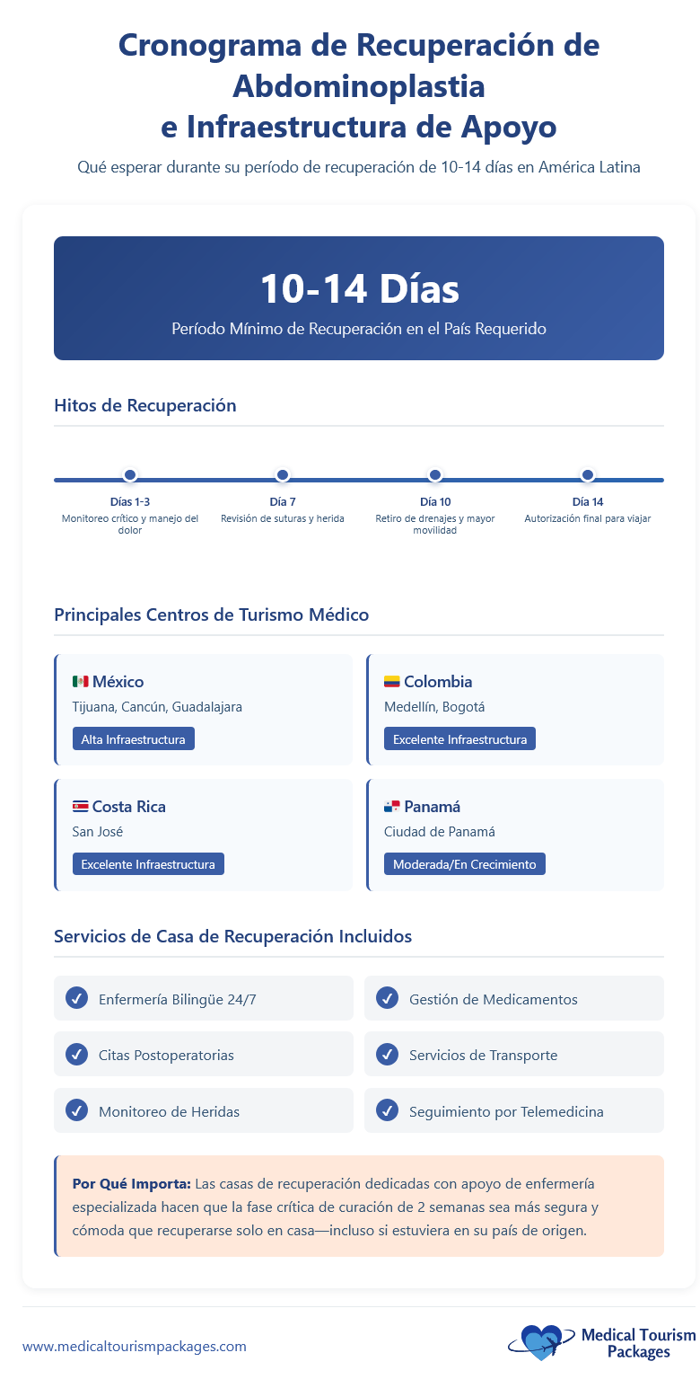 Infografía en la que se describen los plazos de recuperación de una abdominoplastia (cirugía estética de abdomen) de 10 a 14 días, los principales centros de turismo médico y los servicios de recuperación disponibles en Latinoamérica.