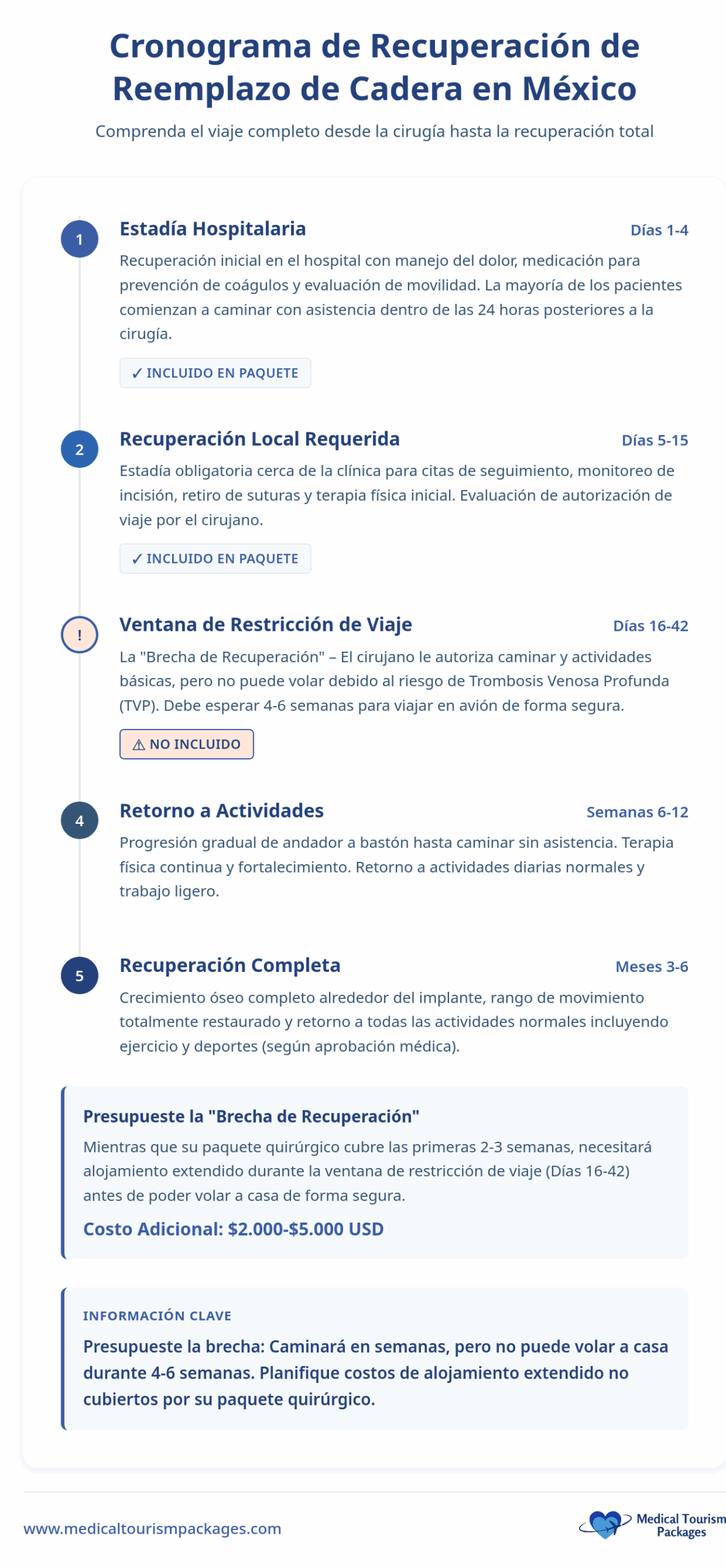 Infografía que detalla las etapas de la cirugía de reemplazo de cadera en México para turistas médicos, delineando la estancia hospitalaria, la recuperación local, la ventana de viaje, el regreso a las actividades y la recuperación completa con plazos y costos estimados.