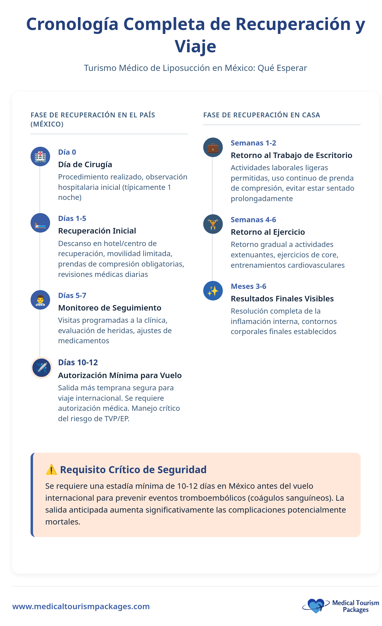 Infografía que describe el cronograma de recuperación de la liposucción en el turismo médico en México, incluidas las fases en el país y en casa, con un requisito de seguridad crítico resaltado e información esencial sobre el procedimiento.