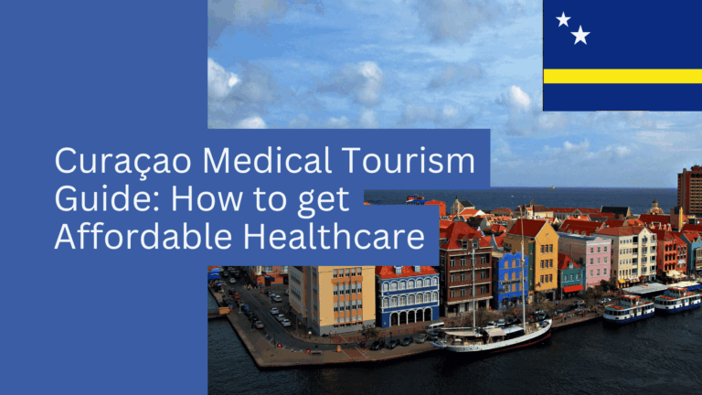 Edificios coloridos frente al mar en Curazao con un texto superpuesto sobre una guía de turismo médico para «Affordable Care», que incluye opciones como Panamá y Colombia, además de una pequeña bandera de Curazao en la esquina superior derecha.