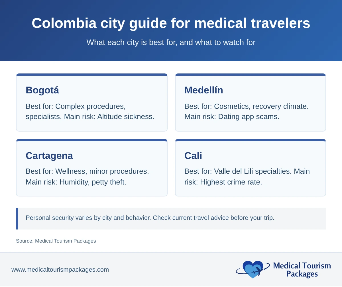 City cards for Bogotá, Medellín, Cartagena and Cali showing what each city is best for and its main risk.