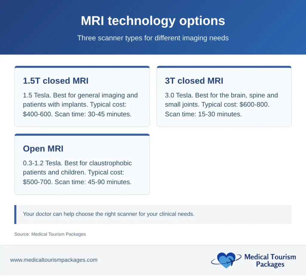 Cards comparing 1.5T closed, 3T closed and open MRI scanners by strength, use, cost and scan time.