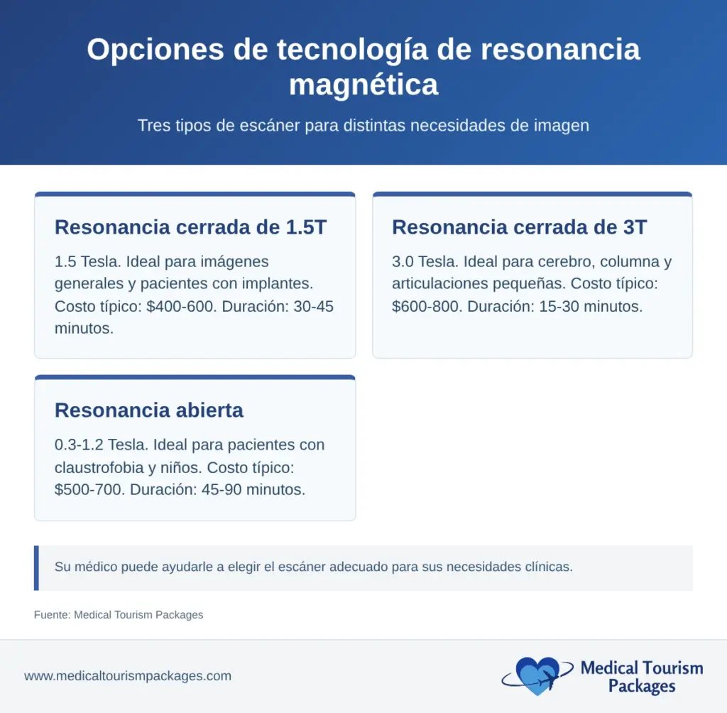 Tarjetas que comparan resonancias cerradas de 1.5T y 3T y resonancia abierta por potencia, uso, costo y duración.