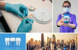 A vibrant collage captures dental work and a dentist holding a model, set against an urban skyline. Highlighting affordable care in Panama, it showcases advanced dental implants for those seeking quality treatment abroad.