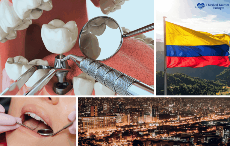 Collage showing dental tools and procedures, the Colombian flag, a cityscape at night, a medical tourism logo, and highlights of Colombia as a top destination for medical tourists seeking All-on-4 dental implants.