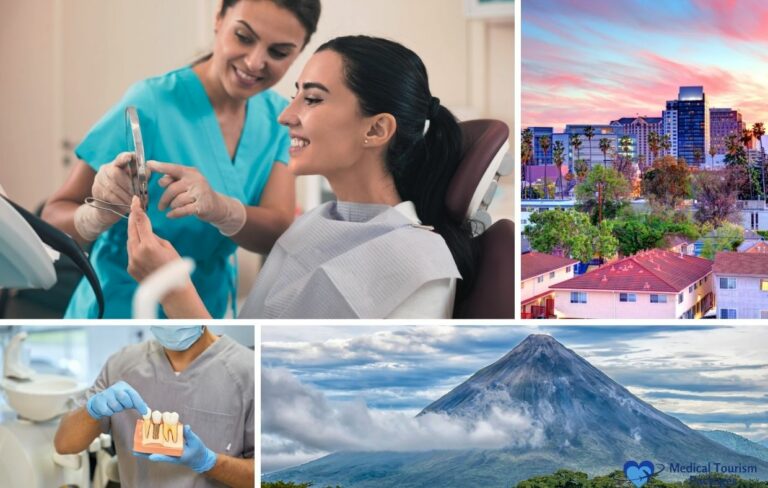 Un dentista habla de implantes dentales con un paciente utilizando un modelo; otras imágenes muestran el paisaje urbano de Costa Rica, un volcán y un primer plano de un experto trabajo dental.
