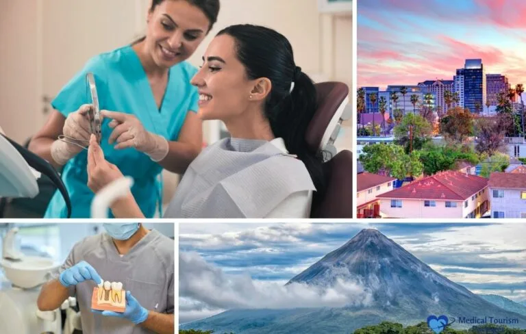 Un dentista habla de implantes dentales con un paciente utilizando un modelo; otras imágenes muestran el paisaje urbano de Costa Rica, un volcán y un primer plano de un experto trabajo dental.