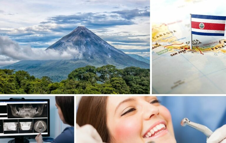 Un collage con un volcán, un mapa de Costa Rica con su bandera, radiografías dentales y un paciente recibiendo tratamiento, para destacar el turismo dental en Costa Rica y la promesa de un tratamiento dental asequible en un destino impresionante.