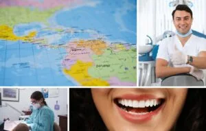 Un collage con un mapa de Centroamérica en el que destaca Panamá, un dentista sonriente, un paciente que está siendo tratado y un primer plano de dientes blancos, que refleja el creciente interés por el turismo dental en Colombia.