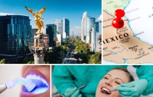 Collage del horizonte de la Ciudad de México, un mapa de México con un marcador rojo, un procedimiento dental con luz ultravioleta y un paciente sonriendo durante un examen dental.