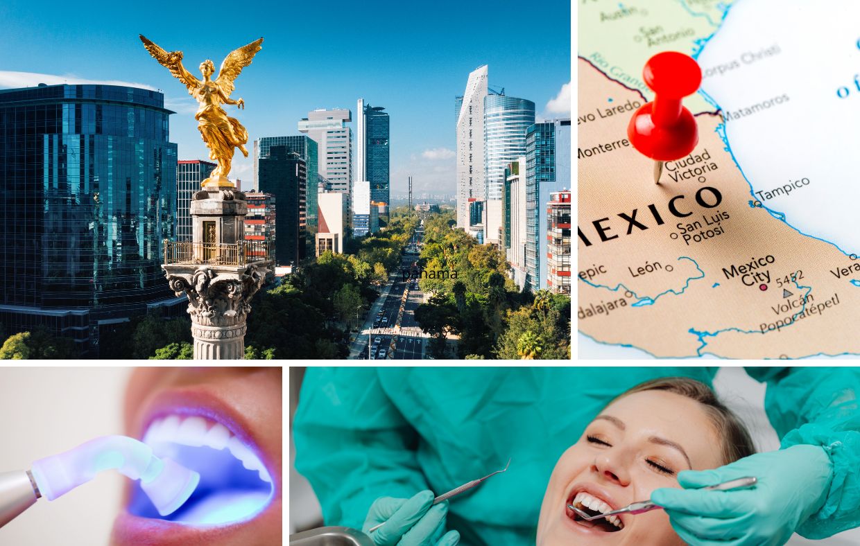 Collage of Mexico City skyline, a map of Mexico with a red pin, a dental procedure with UV light, and a patient smiling during a dental exam.