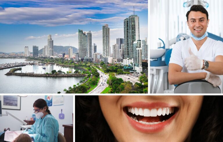 Collage que muestra el horizonte de una ciudad, un dentista sonriente, una revisión dental en curso y un primer plano de unos dientes blancos. Destaca el turismo dental en Panamá y las ventajas de la atención dental local.