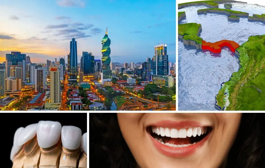 Un collage que muestra el horizonte de la ciudad de Panamá, un mapa destacando la región de Panamá, un modelo dental con coronas, y un primer plano de una boca sonriente con dientes blancos muestra el proceso de tratamiento Dental Veneers Panamá.