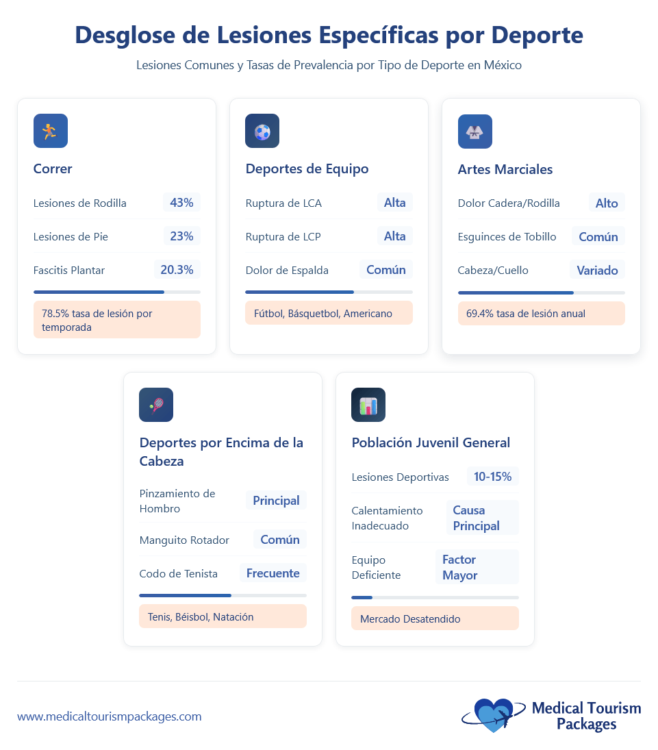 Infografía que destaca las lesiones comunes y las tasas de prevalencia por tipo de deporte en México, con información de Sports Medicine Mexico y una Guía de Especialistas para atletas de atletismo, deportes de equipo, artes marciales, deportes sobre la cabeza y jóvenes en general.