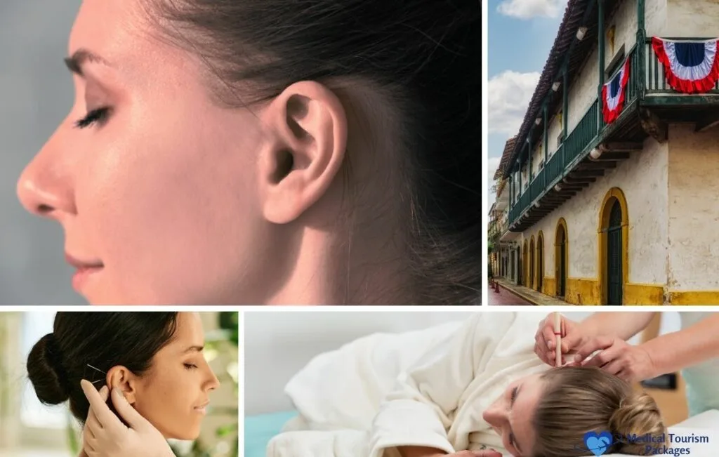 Collage que muestra un primer plano de la oreja de una mujer, un edificio de estilo colonial con banderas, un médico que examina una oreja y una mujer que se somete a una operación de orejas en Panamá, en un entorno similar a un balneario.
