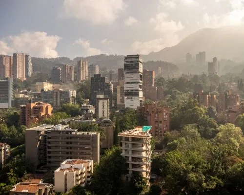 A man with short dark hair is examined by gloved hands, surrounded by a cityscape of tall buildings and greenery, epitomizing the allure of medical tourism.