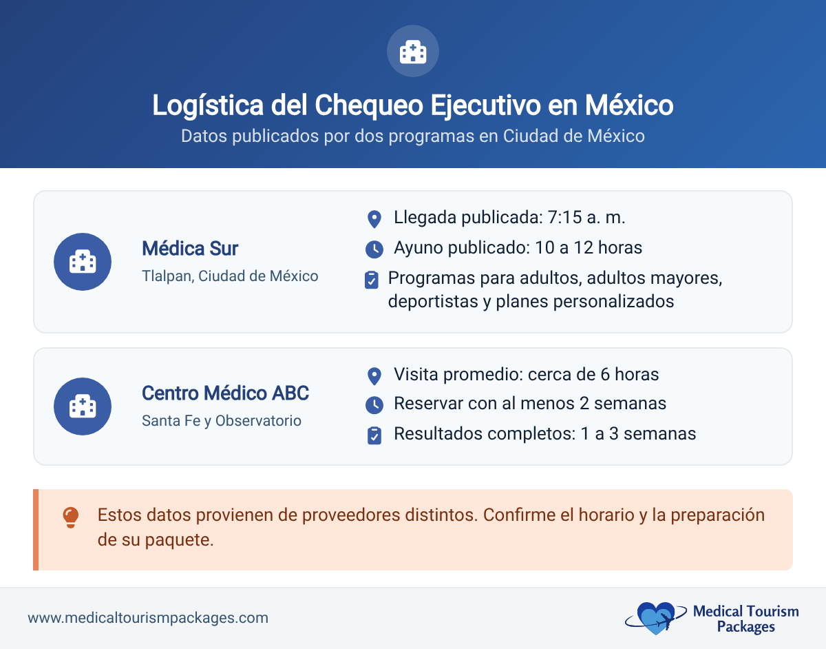 Comparación de la logística publicada para chequeos ejecutivos en Médica Sur y Centro Médico ABC en Ciudad de México
