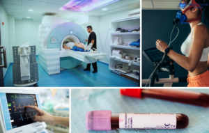 A collage showing an MRI scan, a woman on a treadmill with a breathing mask, a monitor displaying heart data, and a labeled blood sample vial highlights comprehensive Executive Health Checkup Colombia services at top clinics.