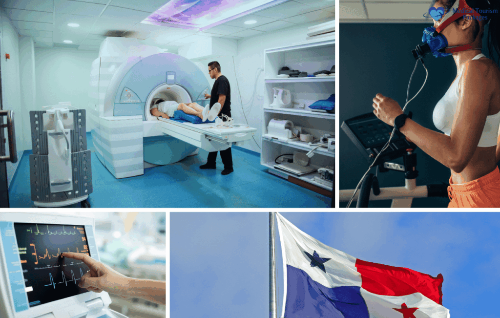 A collage showing a woman getting an MRI scan, a woman doing a treadmill stress test, a hand pointing at a heart monitor, and the flag of Panama—highlighting advanced Executive Health Checkup options for medical tourists.