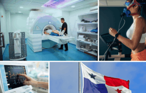 A collage showing a woman getting an MRI scan, a woman doing a treadmill stress test, a hand pointing at a heart monitor, and the flag of Panama—highlighting advanced Executive Health Checkup options for medical tourists.