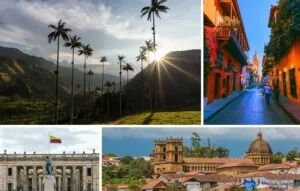 Collage of Colombian landmarks: Cocora Valley with wax palms, vibrant displays of Colombian culture on a colorful street in Cartagena, National Capitol in Bogotá, and the scenic charm of Barichara.