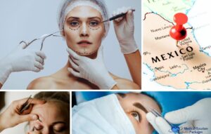 Collage que muestra a una mujer marcada para cirugía estética, primeros planos de procedimientos y un mapa de México con un alfiler rojo que destaca Blefaroplastia en México y opciones de cirujanos expertos en Blefaroplastia.