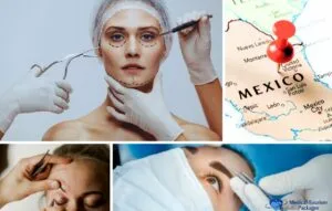 Collage showing a woman being marked for cosmetic surgery, close-ups of procedures, and a map of Mexico with a red pin—highlighting Blepharoplasty in Mexico and options for expert Blepharoplasty surgeons.