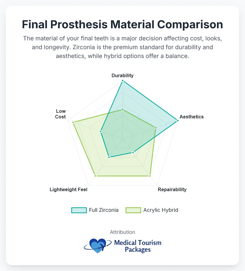 Radar chart comparing full zirconia and acrylic hybrid dental prostheses for All-on-4 dental implants on durability, aesthetics, repairability, lightweight feel, and cost, with zirconia scoring higher in most categories.