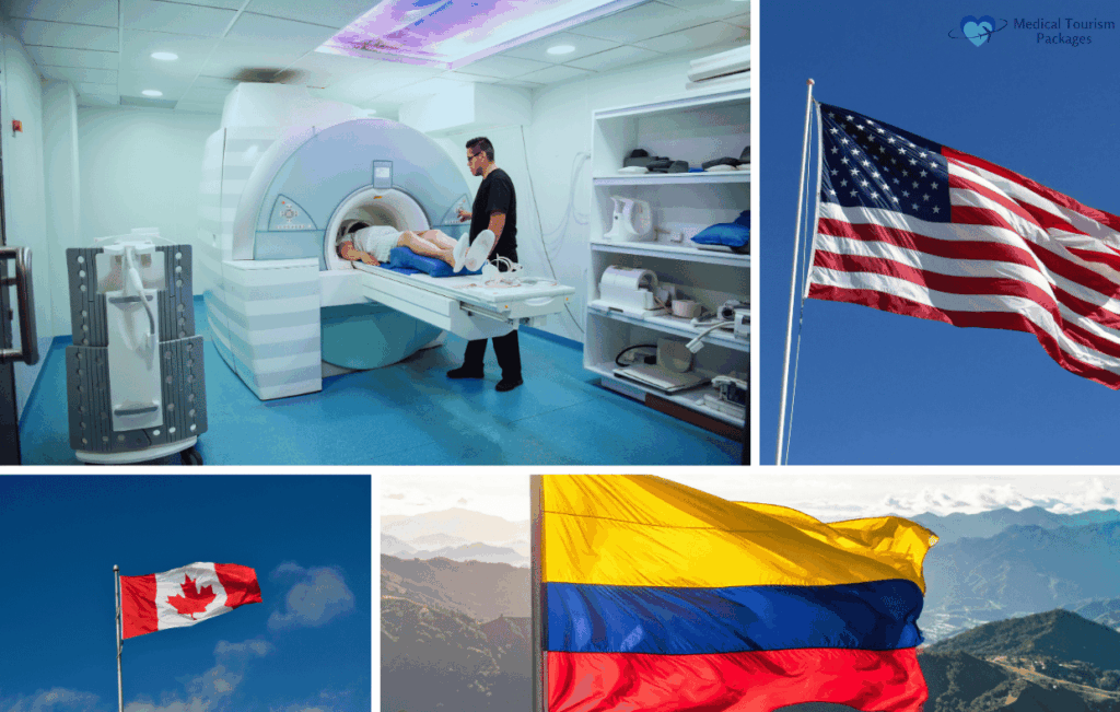 A patient undergoing an MRI scan, with flags of the United States, Canada, and Colombia highlighting a comparison of Full Body MRI Cost in US vs Canada and Latin America.