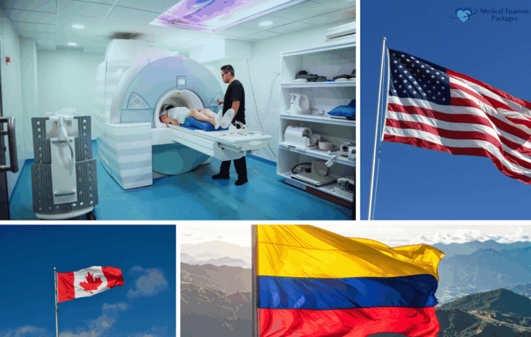 A patient undergoing an MRI scan, with flags of the United States, Canada, and Colombia highlighting a comparison of Full Body MRI Cost in US vs Canada and Latin America.