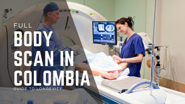 A patient lies on a CT scan table while two healthcare professionals operate the machine; text reads "Full Body MRI Scan in Colombia.