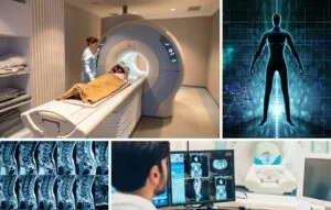 A patient receives a CT scan; images also show medical staff reviewing Medical Imaging scans, a digital human body illustration, and spinal scan results.