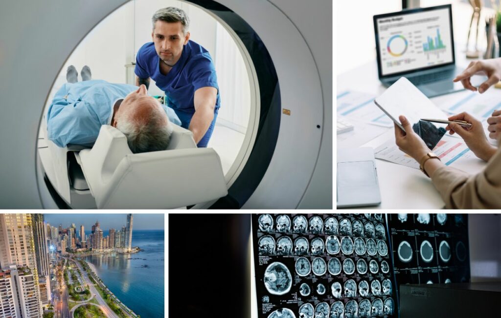 Collage showing a patient in a Full Body MRI Scan, two people discussing medical data, a cityscape by the sea highlighting Panama Medical Tourism, and images of brain scans on a screen emphasizing early detection.