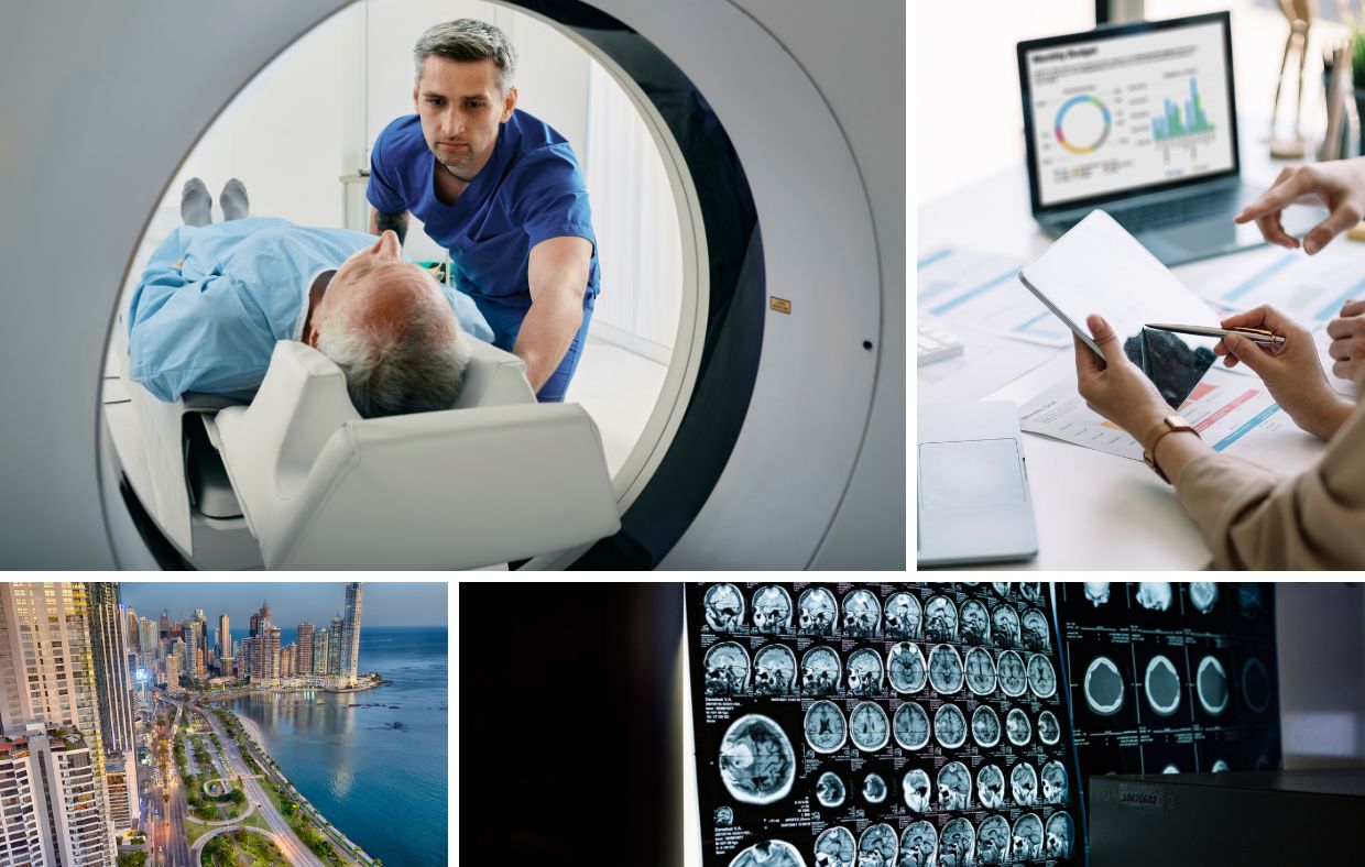 Collage showing a patient in a Full Body MRI Scan, two people discussing medical data, a cityscape by the sea highlighting Panama Medical Tourism, and images of brain scans on a screen emphasizing early detection.