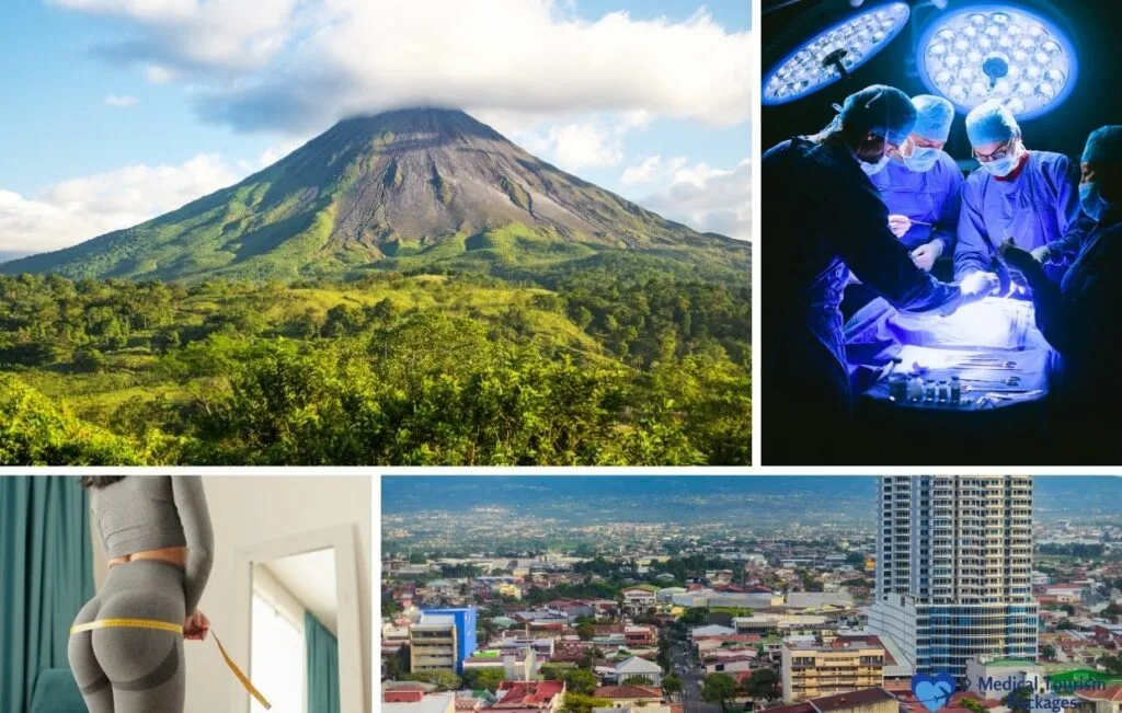 Un collage con un volcán, cirujanos realizando gluteoplastias, una persona midiéndose la cintura y un paisaje urbano con edificios altos.