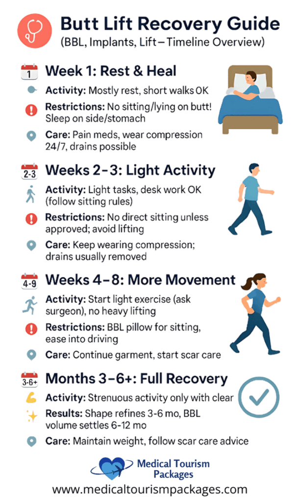 Infografía titulada "Guía de recuperación de la gluteoplastia" en la que se describen las actividades, restricciones y consejos para el cuidado de la gluteoplastia desde las semanas 1 a 8 hasta los meses 3 a 6 o más, incluyendo reposo y actividad ligera hasta la recuperación completa.