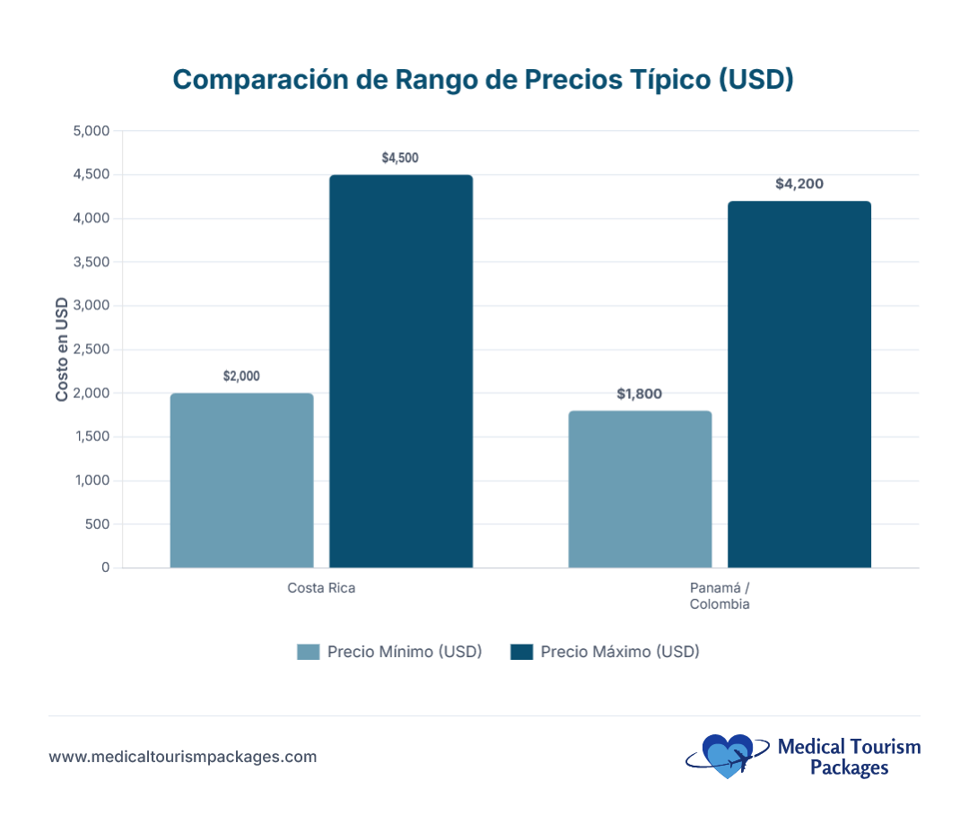 Gráfico de barras que compara el lifting de párpados y otros precios del turismo médico en Costa Rica ($2.000-$4.500) con Panamá/Colombia ($1.800-$4.200) en USD. Los mejores cirujanos de Costa Rica ofrecen tarifas competitivas para procedimientos como la blefaroplastia.