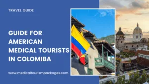 Portada de guía de viaje para turistas médicos estadounidenses en Colombia, con la bandera colombiana en un balcón con vistas a un paisaje urbano con edificios históricos. Guía perfecta para quienes buscan aventuras sanitarias en Colombia.